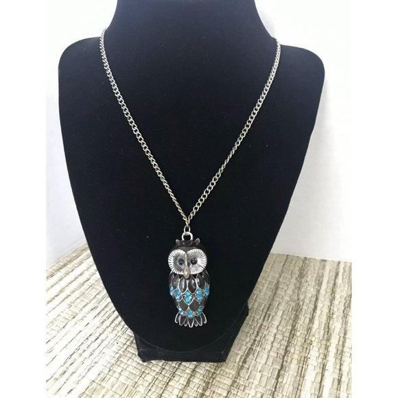 Owl Pendant Necklace Silver‎ Tone Black Blue Rhinestone Chain Jewelry - Picture 3 of 3